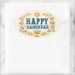 HAPPY HANUKKAH floral wreath Jewish Holiday  Oval Sticker<br><div class="desc">Hand drawn text and florals by me for you.  For more designs and colors check my shop! Or let me know if you'd like something custom.  Ask if you don't find what you need! :)</div>