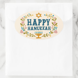 HAPPY HANUKKAH floral wreath Jewish Holiday Oval Sticker