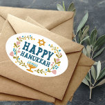 HAPPY HANUKKAH floral wreath Jewish Holiday  Oval Sticker<br><div class="desc">Hand drawn text and florals by me for you.  For more designs and colors check my shop! Or let me know if you'd like something custom.  Ask if you don't find what you need! :)</div>