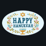 HAPPY HANUKKAH floral wreath Jewish Holiday  Oval Sticker<br><div class="desc">Hand drawn text and florals by me for you.  For more designs and colors check my shop! Or let me know if you'd like something custom.  Ask if you don't find what you need! :)</div>