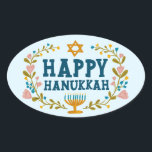 HAPPY HANUKKAH floral wreath Jewish Holiday  Oval Sticker<br><div class="desc">Hand drawn text and florals by me for you.  For more designs and colors check my shop! Or let me know if you'd like something custom.  Ask if you don't find what you need! :)</div>