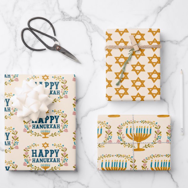 HAPPY HANUKKAH floral wreath Jewish Holiday Set of Wrapping Paper Sheets (Front)