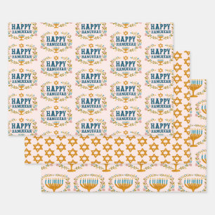 HAPPY HANUKKAH floral wreath Jewish Holiday Set of Wrapping Paper Sheets