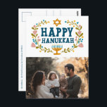 HAPPY HANUKKAH Floral Wreath Menorah Custom PHOTO Postcard<br><div class="desc">Hand drawn text and florals by me for you. Click "personalize" to edit and add your own photo to the front and text and return address to the back of the postcard or change the background colors. Everything is customizable. For more designs and colors check my shop! Or let me...</div>