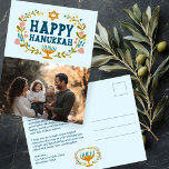 HAPPY HANUKKAH Floral Wreath Menorah Custom PHOTO Postcard<br><div class="desc">Hand drawn text and florals by me for you. Click "personalize" to edit and add your own photo to the front and text and return address to the back of the postcard or change the background colors. Everything is customizable. For more designs and colors check my shop! Or let me...</div>