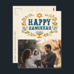 HAPPY HANUKKAH Floral Wreath Menorah Custom PHOTO Postcard<br><div class="desc">Hand drawn text and florals by me for you. Click "personalize" to edit and add your own photo to the front and text and return address to the back of the postcard or change the background colors. Everything is customizable. For more designs and colors check my shop! Or let me...</div>
