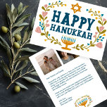 HAPPY HANUKKAH Floral Wreath Menorah Custom Photos Holiday Card<br><div class="desc">Hand drawn text and florals by me for you. Click "personalize" to edit and add your own text and photos to the back of the postcard or change the background colors. Everything is customizable. For more designs and colors check my shop! Or let me know if you'd like something custom....</div>