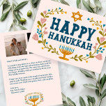 HAPPY HANUKKAH Floral Wreath Menorah Custom Photos Holiday Card<br><div class="desc">Hand drawn text and florals by me for you. Click "personalize" to edit and add your own text and photos to the back of the postcard or change the background colors. Everything is customizable. For more designs and colors check my shop! Or let me know if you'd like something custom....</div>