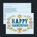 HAPPY HANUKKAH Floral Wreath Menorah Custom text Postcard<br><div class="desc">Hand drawn text and florals by me for you. Click "personalize" to edit and add your own text and return address to the back of the postcard or change the background colors. Everything is customizable. For more designs and colors check my shop! Or let me know if you'd like something...</div>