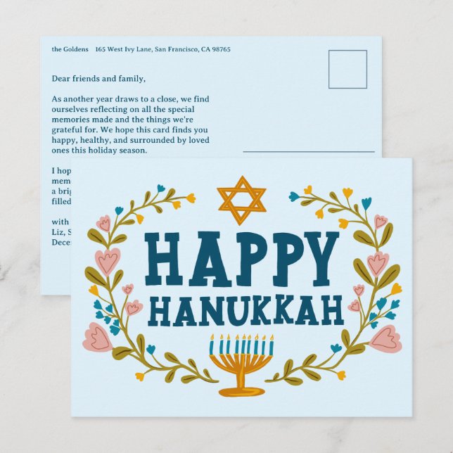 HAPPY HANUKKAH Floral Wreath Menorah Custom text Postcard (Front/Back)