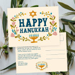 HAPPY HANUKKAH Floral Wreath Menorah Custom text Postcard<br><div class="desc">Hand drawn text and florals by me for you. Click "personalize" to edit and add your own text and return address to the back of the postcard or change the background colors. Everything is customizable. For more designs and colors check my shop! Or let me know if you'd like something...</div>
