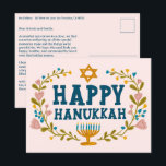 HAPPY HANUKKAH Floral Wreath Menorah Custom text Postcard<br><div class="desc">Hand drawn text and florals by me for you. Click "personalize" to edit and add your own text and return address to the back of the postcard or change the background colors. Everything is customizable. For more designs and colors check my shop! Or let me know if you'd like something...</div>