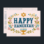 HAPPY HANUKKAH Floral Wreath Menorah Custom text Postcard<br><div class="desc">Hand drawn text and florals by me for you. Click "personalize" to edit and add your own text and return address to the back of the postcard or change the background colors. Everything is customizable. For more designs and colors check my shop! Or let me know if you'd like something...</div>