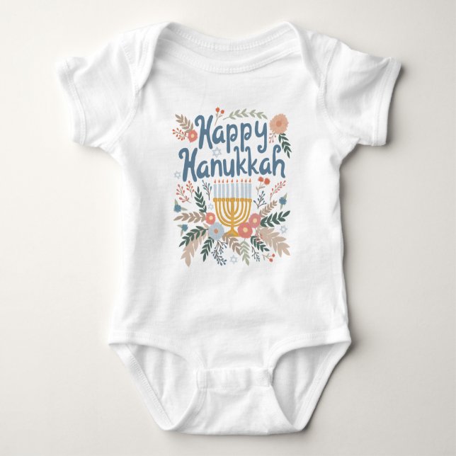 Happy Hanukkah FLorals Hand-drawn Art  Baby Bodysuit (Front)