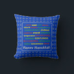 HAPPY HANUKKAH | Fruit of the Spirit | LIGHT BLUE Throw Pillow<br><div class="desc">Colorful festive pillow with faux silver Star of David in subtle background pattern. FRUIT OF THE SPIRIT including Hebrew translations are written in red,  yellow and green. HAPPY HANUKKAH is customizable if you want to add your name. Part of the HANUKKAH Collection.</div>