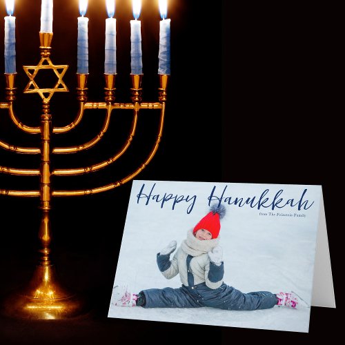 Happy Hanukkah Full Photo Modern Blue Script Holiday Card