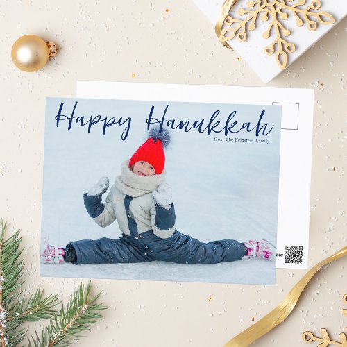 Happy Hanukkah Full Photo Modern Blue Script Holiday Postcard