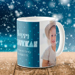 Happy Hanukkah Fun Typography Star of David Name Coffee Mug<br><div class="desc">“Happy Hanukkah.” Fun, whimsical handcrafted typography, a random light blue Star of David pattern, and midnight navy blue hand drawn lines overlaying a dark teal blue background, along with 2 photos of your choice, help you usher in Hanukkah. Feel the warmth and joy of the holiday season whenever you use...</div>