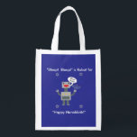 Happy Hanukkah Funny Bleep Robot Blue Personalize Grocery Bag<br><div class="desc">A cute Hanukkah design that features a robot holding a menorah while saying Bleep!  Bleep!  The text says,  "Bleep!  Bleep!" is Robot for Happy Hanukkah and can be changed and customized to fit your needs!</div>