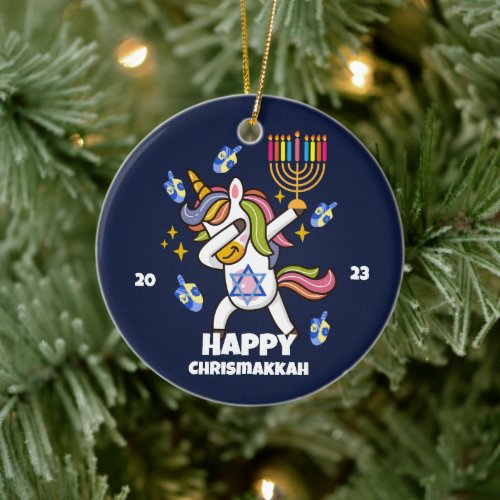 Happy Hanukkah ,funny  dabbing  unicorn Ceramic Ornament