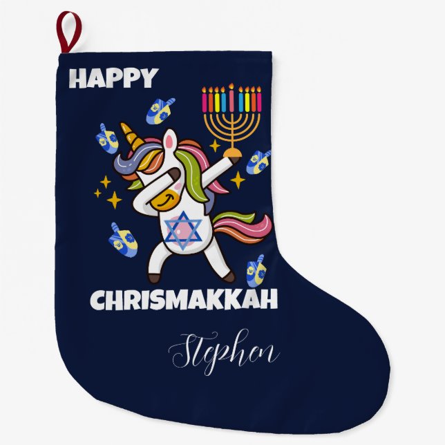 Happy Hanukkah ,funny  dabbing  unicorn Large Christmas Stocking (Front)