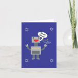 Happy Hanukkah Funny Robot Bleep Blue Personalize Holiday Card<br><div class="desc">A funny Hanukkah design featuring a robot saying "Bleep!  Bleep!" while holding a menorah and surrounded by four Star of David on a blue background.  The inside says,  "Bleep!  Bleep!" is Robot for "Happy Hanukkah!"  The text can be changed and personalized to fit your needs.</div>