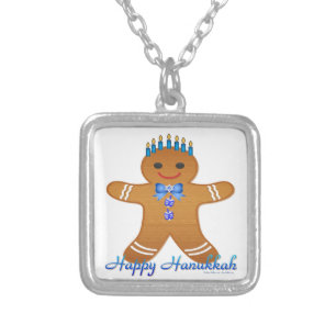 Happy Hanukkah Gingerbread Man Menorah Silver Plated Necklace