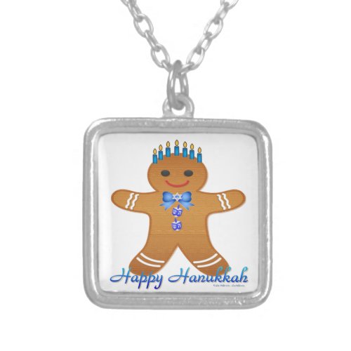 Happy Hanukkah Gingerbread Man Menorah Silver Plated Necklace
