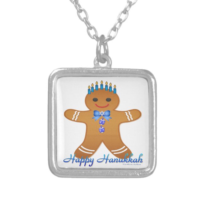 Happy Hanukkah Gingerbread Man Menorah Silver Plated Necklace (Front)