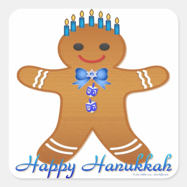 Happy Hanukkah Gingerbread Man Menorah Square Sticker (Front)