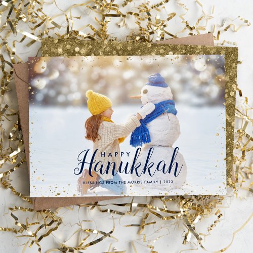 Happy Hanukkah  Glitz Faux Glitter Photo Overlay Holiday Card