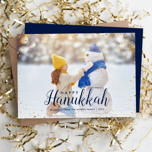 Happy Hanukkah  Glitz Faux Glitter Photo Overlay Holiday Card