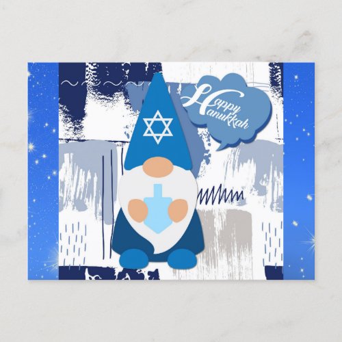 Happy Hanukkah Gnome Dreidel Cute Blue Postcard