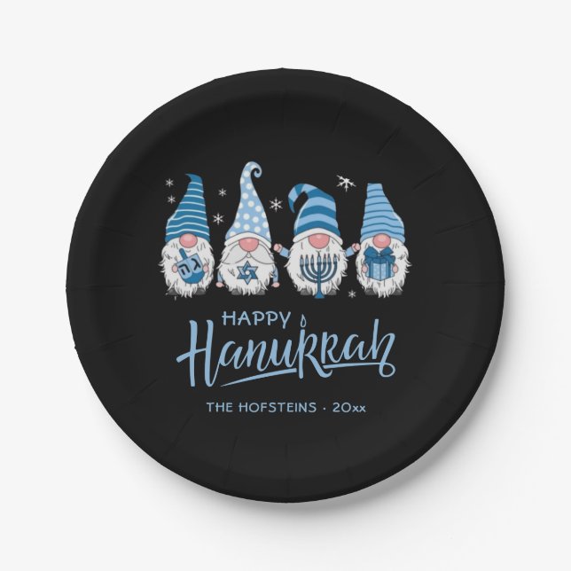 Happy Hanukkah Gnome Funny Family Menorah Dreidel Paper Plates (Front)