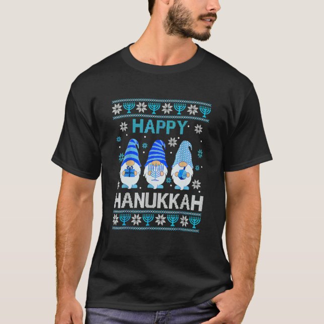 Happy Hanukkah Gnome Gnomies Menorah Pajama Ugly T-Shirt (Front)