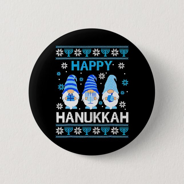 Happy Hanukkah Gnome Gnomies Menorah Ugly Button (Front)