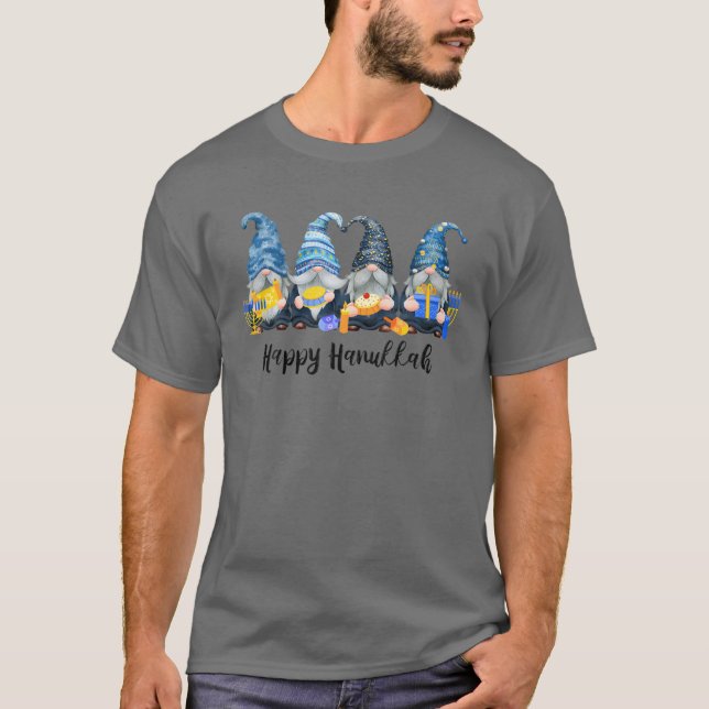 Happy Hanukkah Gnomes Menorah Dreidel Cute Gnome J T-Shirt (Front)