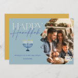 Happy Hanukkah gold blue script menorah photo Holiday Card<br><div class="desc">Happy Hanukkah modern gold blue script menorah photo</div>