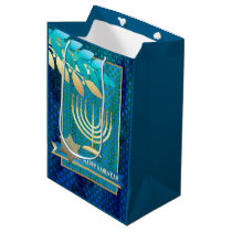 Happy Hanukkah. Gold Menorah and Star of David  Medium Gift Bag