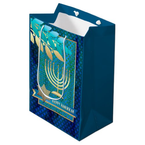 Happy Hanukkah Gold Menorah and Star of David  Medium Gift Bag