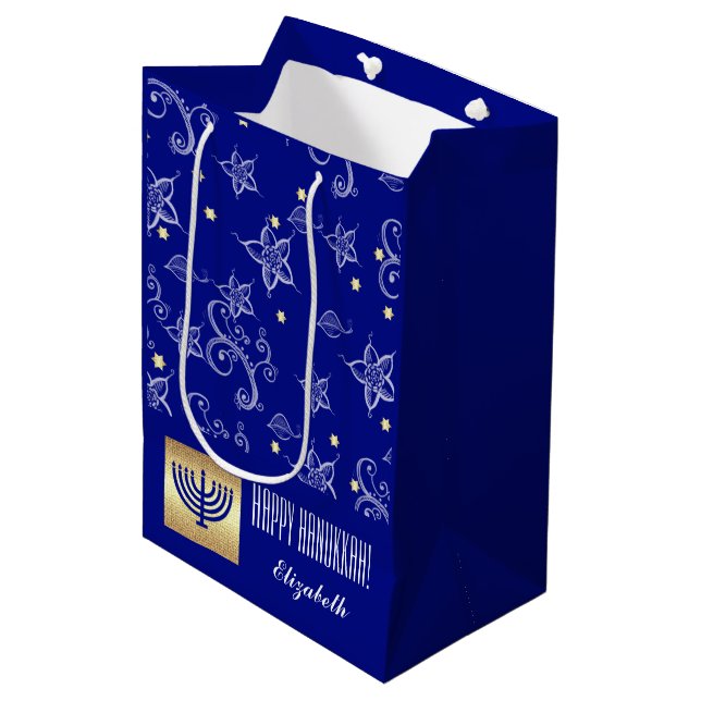 Happy Hanukkah. Gold Menorah | Custom Name  Medium Gift Bag (Front Angled)
