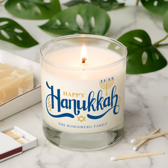 "Happy Hanukkah" Gold Menorah Custom Photo Scented Candle (Lit)