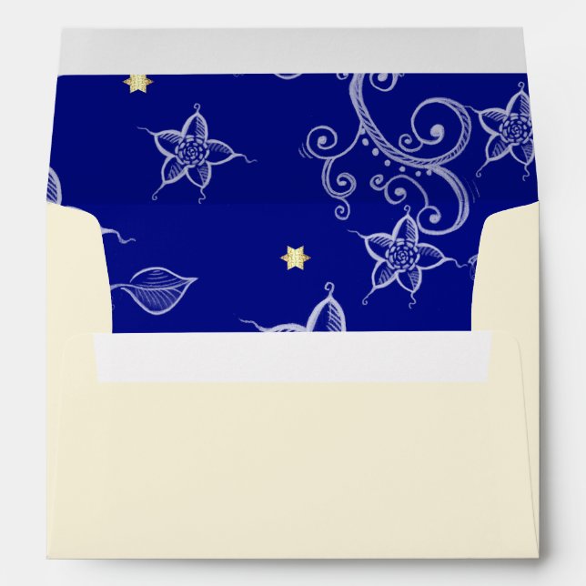 Happy Hanukkah. Gold Menorah & Floral Pattern Envelope (Back (Bottom))