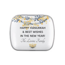 Happy Hanukkah Gold Menorah &amp; Flowers | Pearl Gray Candy Tin