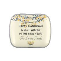 Happy Hanukkah Gold Menorah &amp; Flowers | Yellow Candy Tin