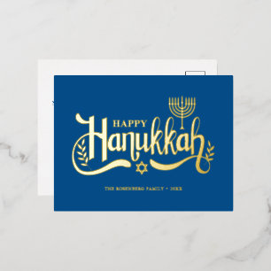 "Happy Hanukkah" Gold Menorah Foil Holiday Postcard