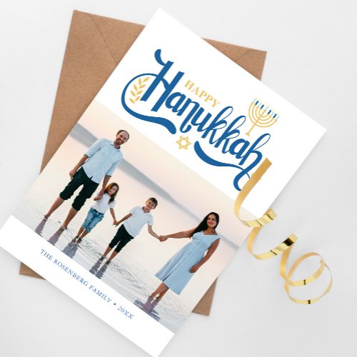 Happy Hanukkah  Gold Menorah Holiday Card