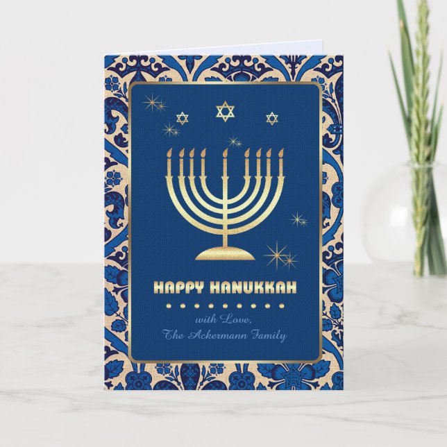 Happy Hanukkah. Gold Menorah Holiday Card (Front)