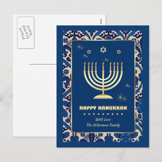 Happy Hanukkah. Gold Menorah Holiday Postcard (Front/Back)