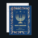 Happy Hanukkah. Gold Menorah Holiday Postcard<br><div class="desc">Happy Hanukkah. Elegant Festive Gold Foil Menorah and Stars of David Postcard with personalized name. Matching cards and gifts available in the Jewish Holidays / Hanukkah Category of our store.</div>